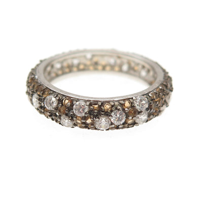 925 Sterling Silver Real Round-Cut Smoky Quartz & C Z Band Ring Size 6