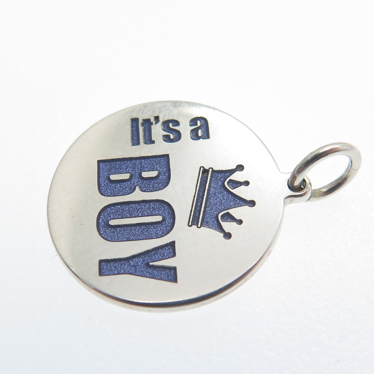 925 Sterling Silver Purple Enamel "It's a Boy" Round Minimalist Charm Pendant