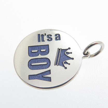 925 Sterling Silver Purple Enamel "It's a Boy" Round Minimalist Charm Pendant