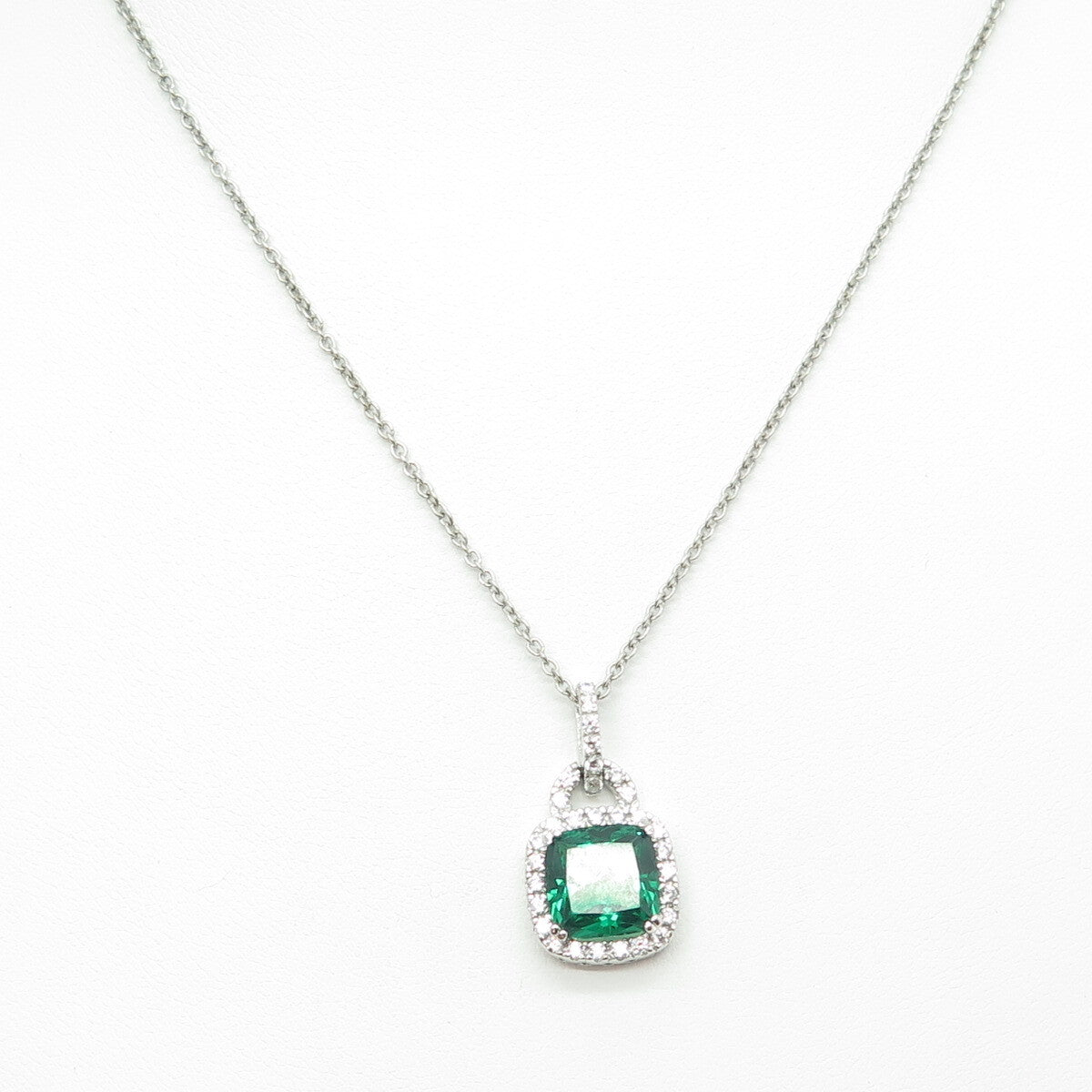 925 Sterling Silver Cushion & Round-Cut Green White C Z Cable Chain Necklace 18"