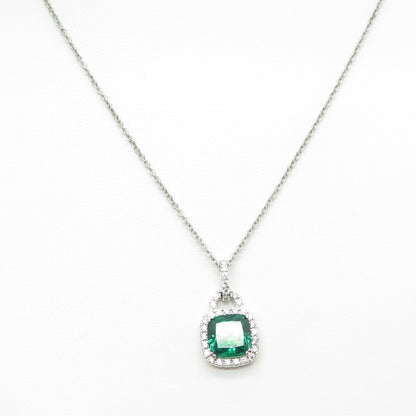 925 Sterling Silver Cushion & Round-Cut Green White C Z Cable Chain Necklace 18"