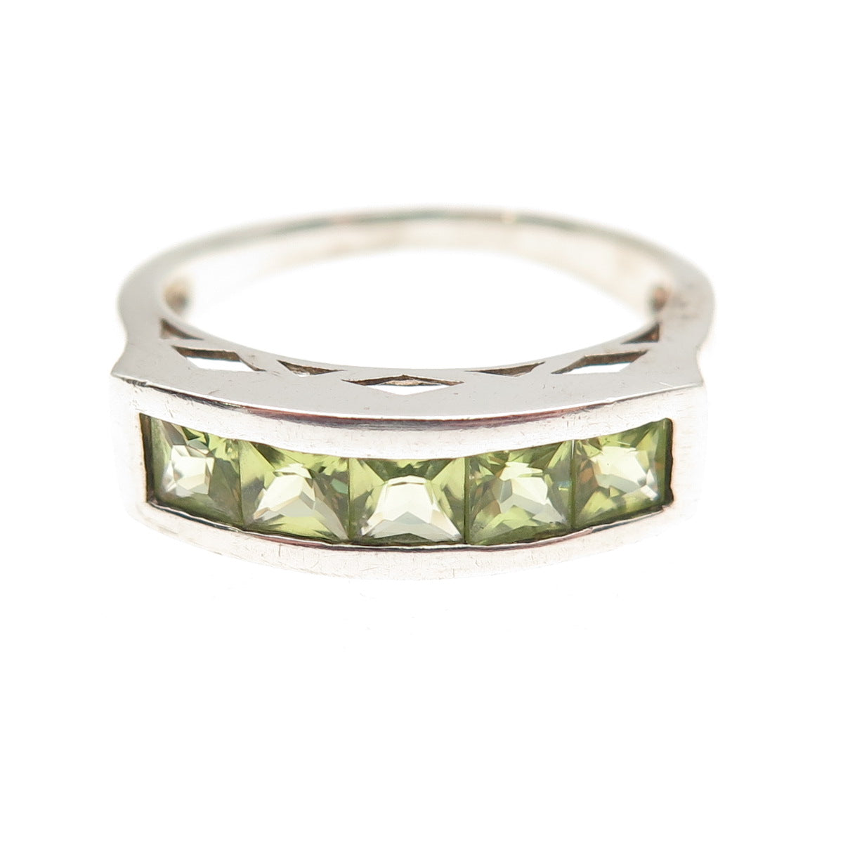 925 Sterling Silver Vintage Real Princess-Cut Peridot Ring Size 9