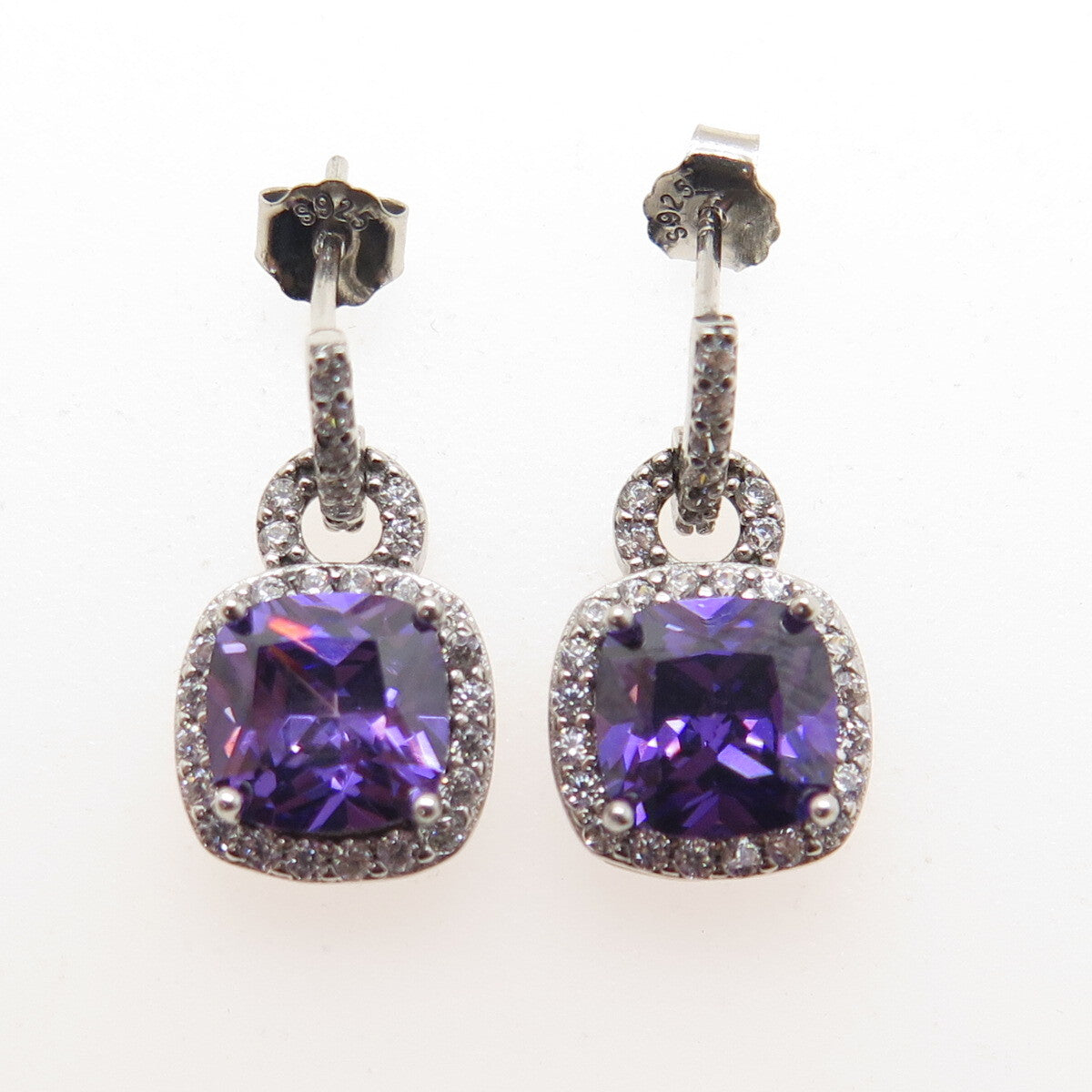 925 Sterling Silver Cushion & Round-Cut Purple White C Z Dangle Earrings