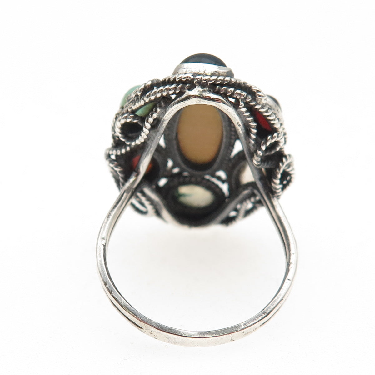 925 Sterling Vintage Tiger Eye Agate Garnet Moonstone & Amazonite Ring Size 9.25