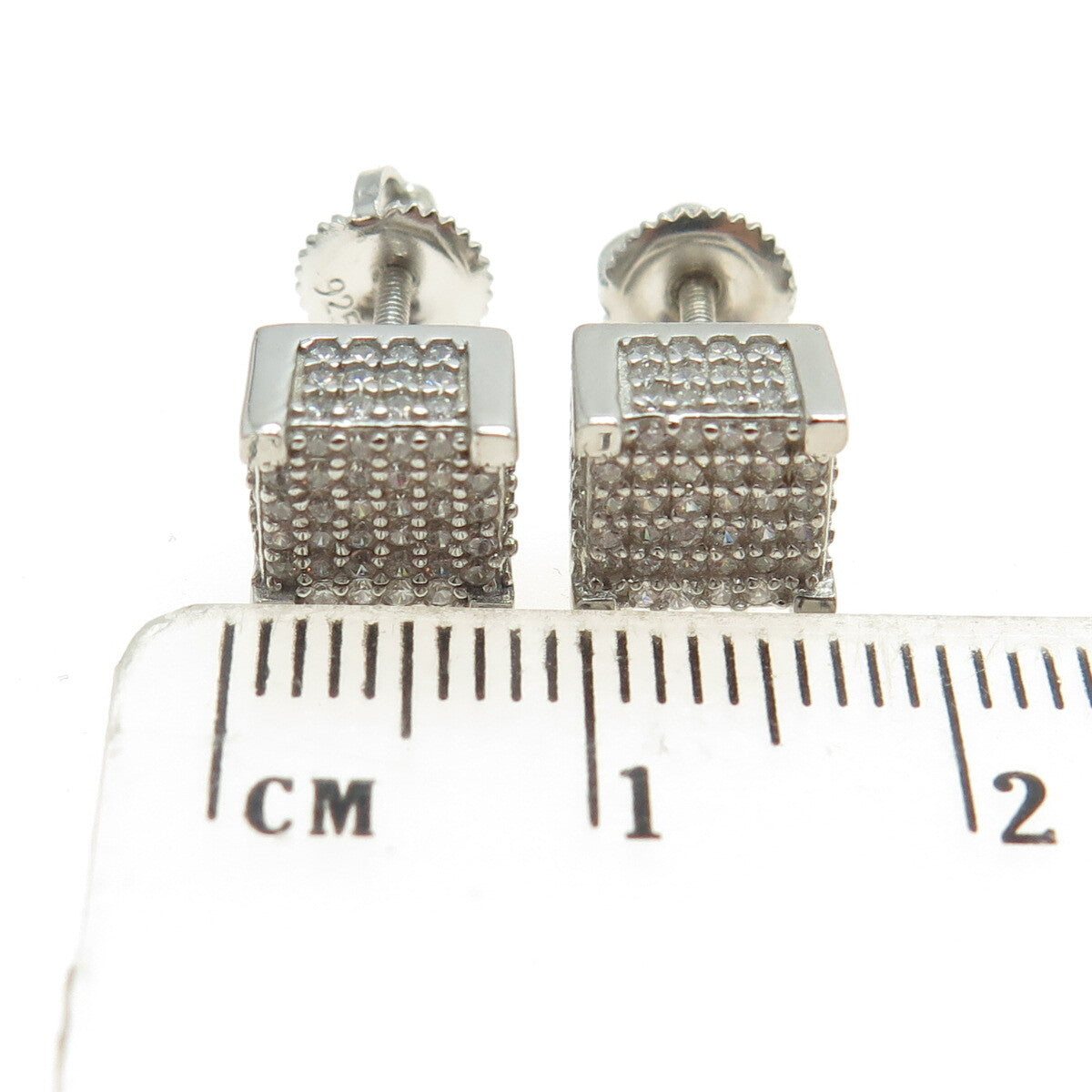 925 Sterling Silver Round-Cut C Z Princess Square Earrings