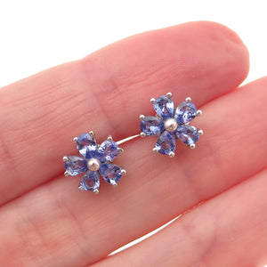 D'Joy 925 Sterling Silver Real Pear-Cut Tanzanite Floral Stud Earrings