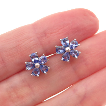D'Joy 925 Sterling Silver Real Pear-Cut Tanzanite Floral Stud Earrings