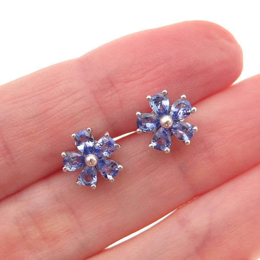 D'Joy 925 Sterling Silver Real Pear-Cut Tanzanite Floral Stud Earrings