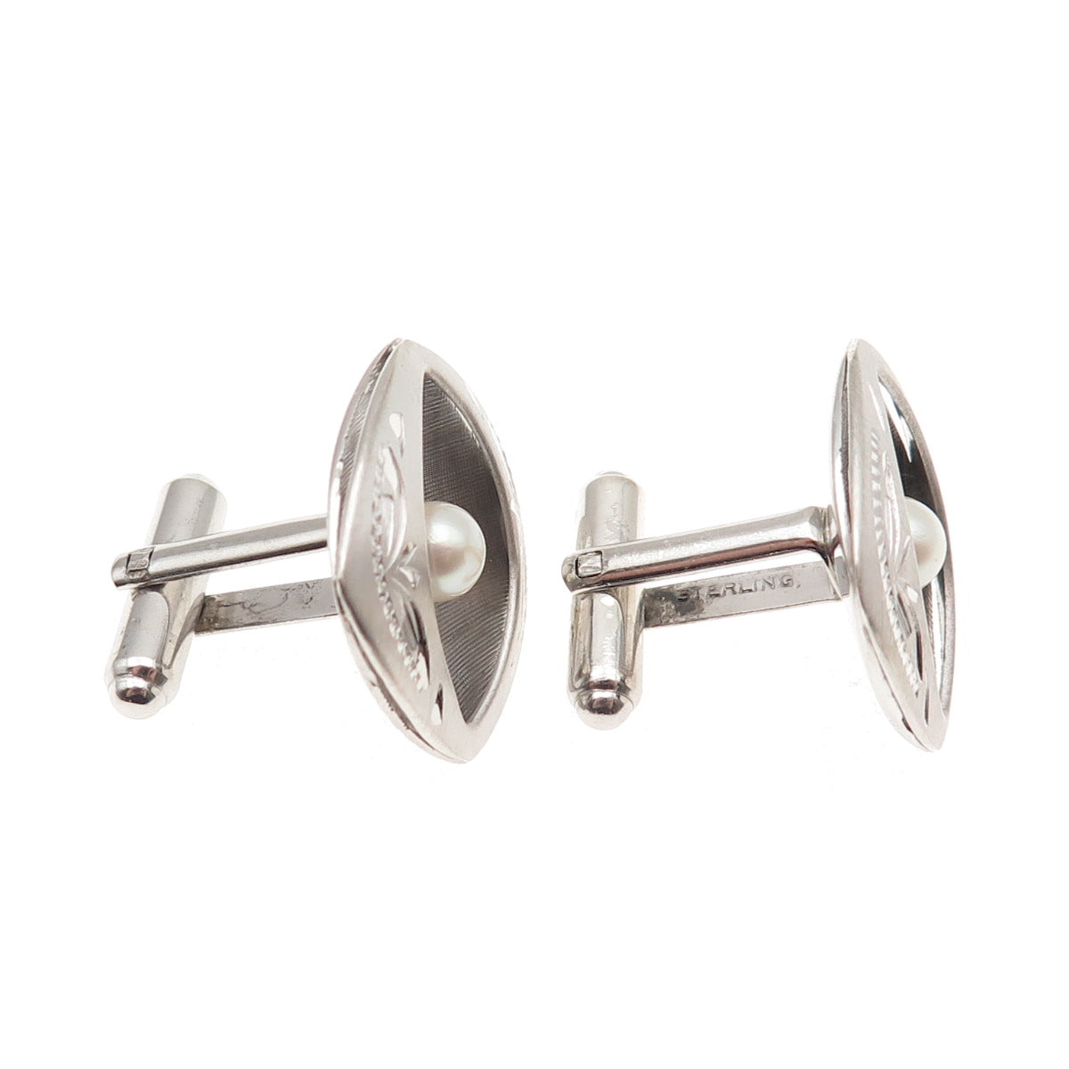 925 Sterling Silver Vintage Real Pearl Engraved Modernist Cufflinks
