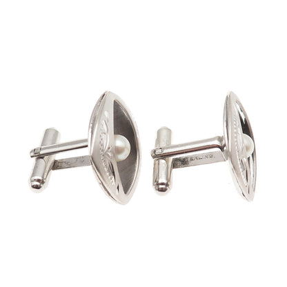 925 Sterling Silver Vintage Real Pearl Engraved Modernist Cufflinks