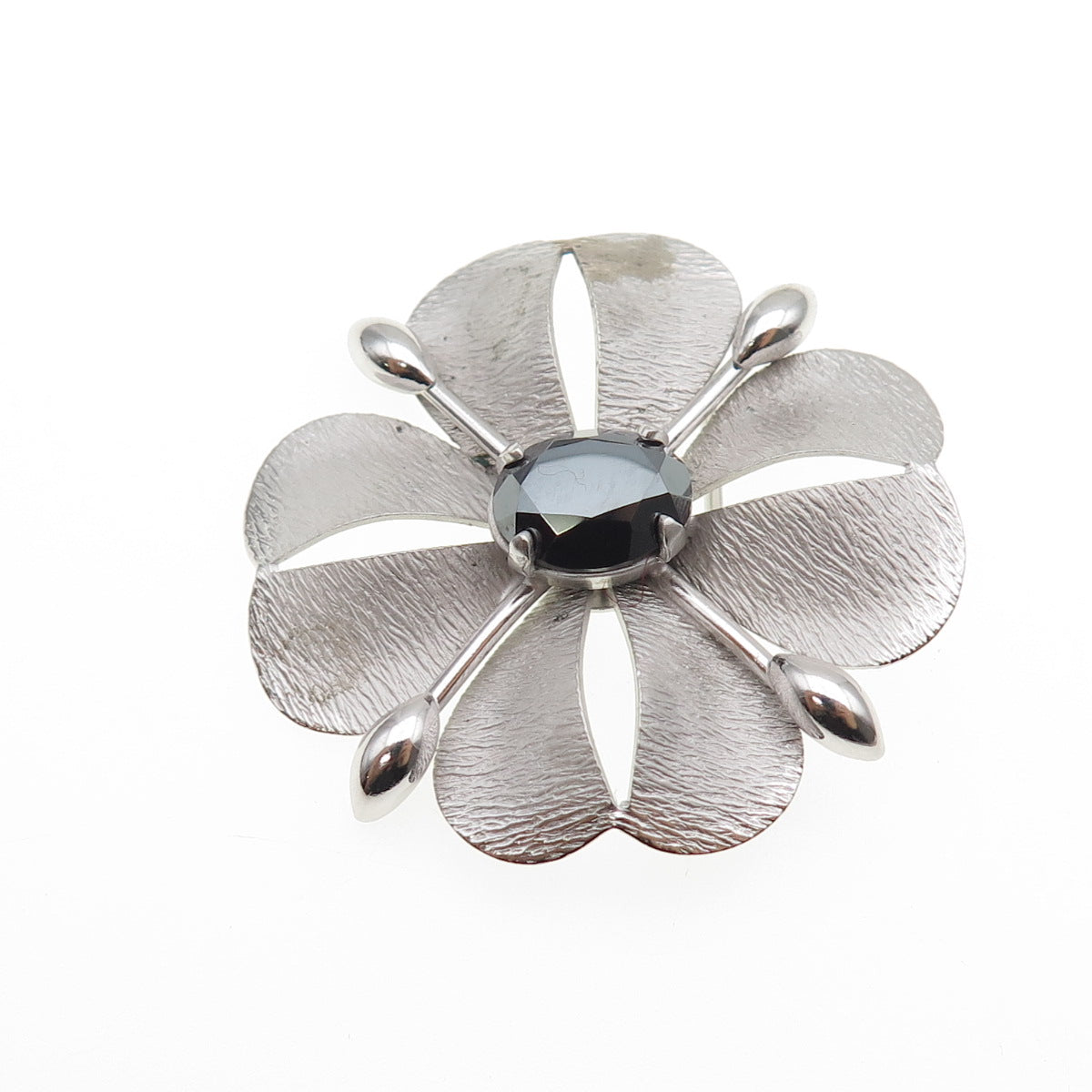 CARL ART 925 Sterling Silver Antique Art Deco Real Hematite Flower Pin Brooch