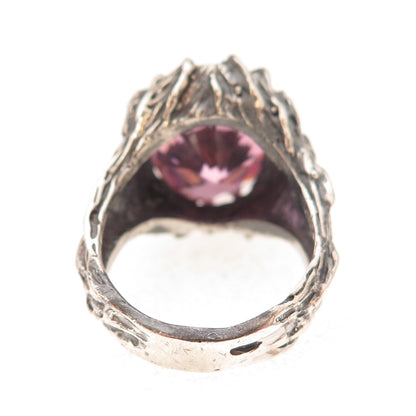 925 Sterling Silver Vintage Pink C Z Modernist Oxidized Ring Size 8.75