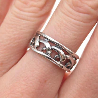 925 Sterling Silver Vintage Dolphin Oxidized Band Ring Size 7.25