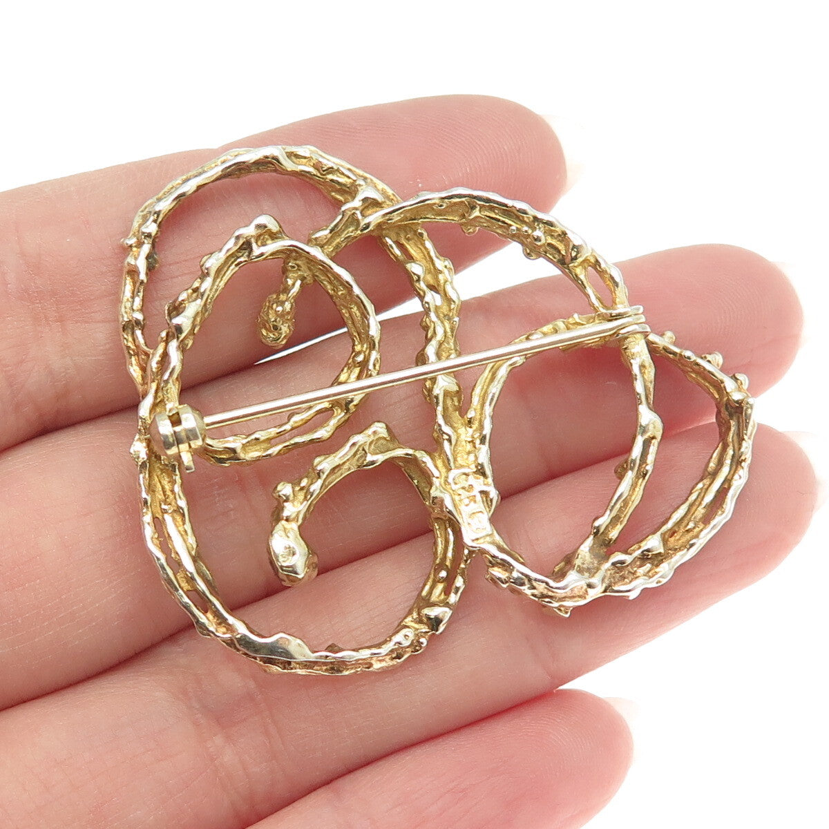 925 Sterling Silver Gold Plated Vintage Nugget Modernist Swirl Pin Brooch