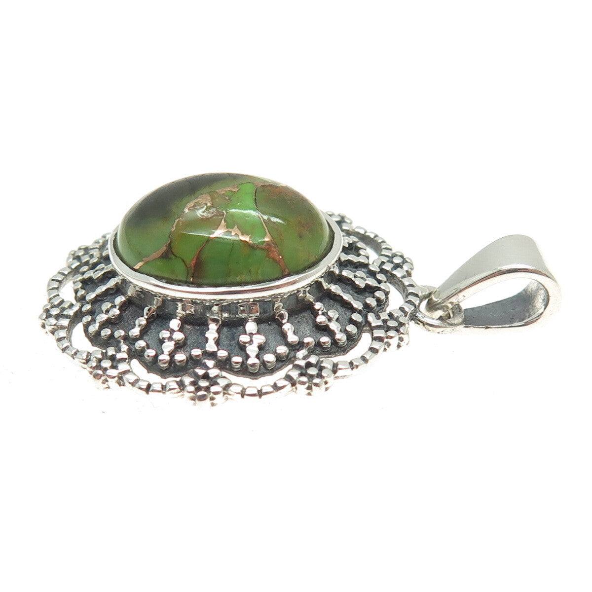 925 Sterling Silver Vintage Green Copper Turquoise Gem Ethnic Frame Pendant