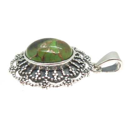 925 Sterling Silver Vintage Green Copper Turquoise Gem Ethnic Frame Pendant