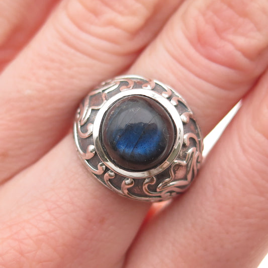 925 Sterling Silver Vintage Real Labradorite Tulip Flower Oxidized Ring Size 7