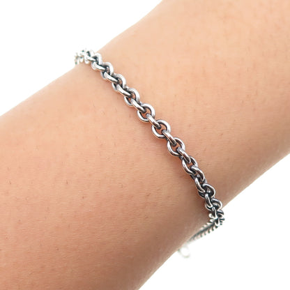 925 Sterling Silver Vintage Heart Tag Cable Link Oxidized Bracelet 7"