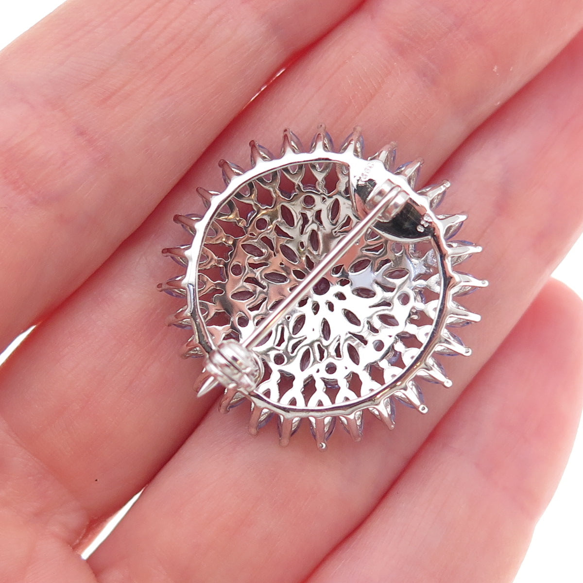 925 Sterling Silver Real Marquise & Round-Cut Tanzanite Floral Pin Brooch