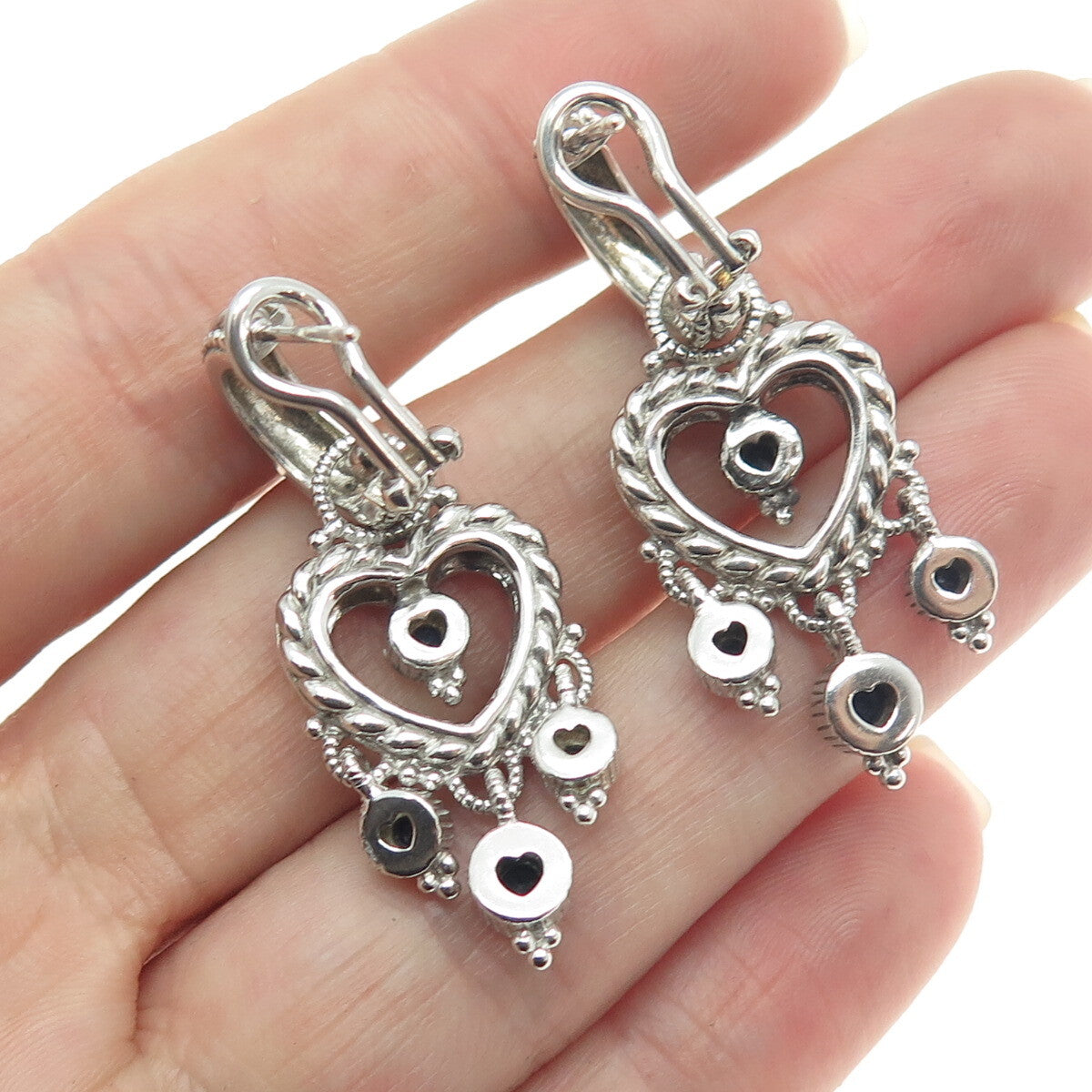 JUDITH RIPKA 925 Sterling Silver Real Sapphire Heart Charm Omega Back Earrings