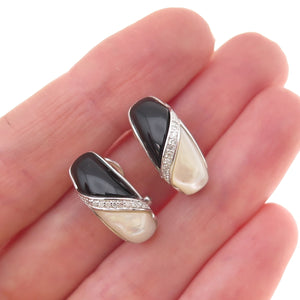 Sai 925 Sterling Silver Real Diamond Black Onyx & MOP Omega Back Earrings