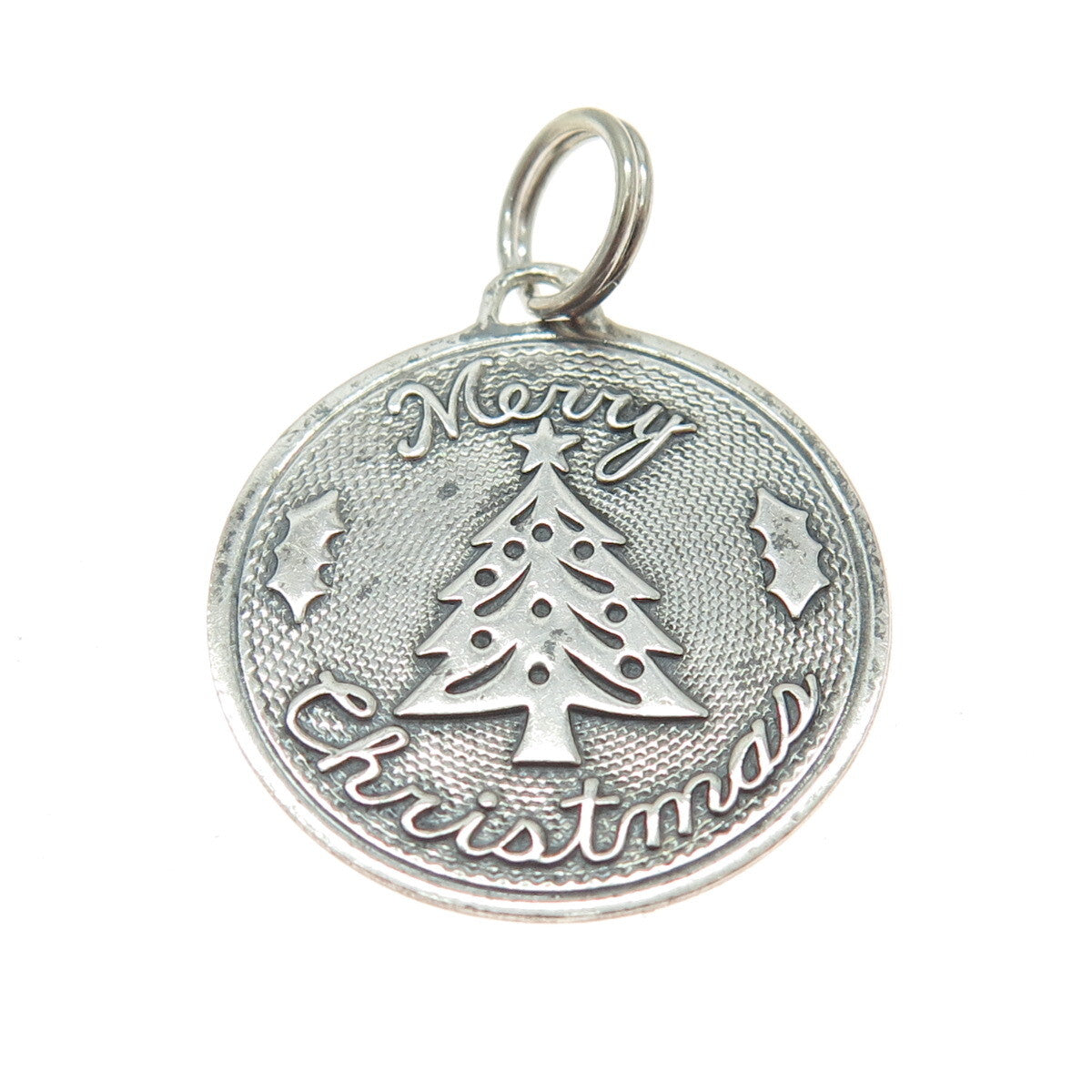 BEAU 925 Sterling Silver Vintage Merry Christmas Round Charm Pendant