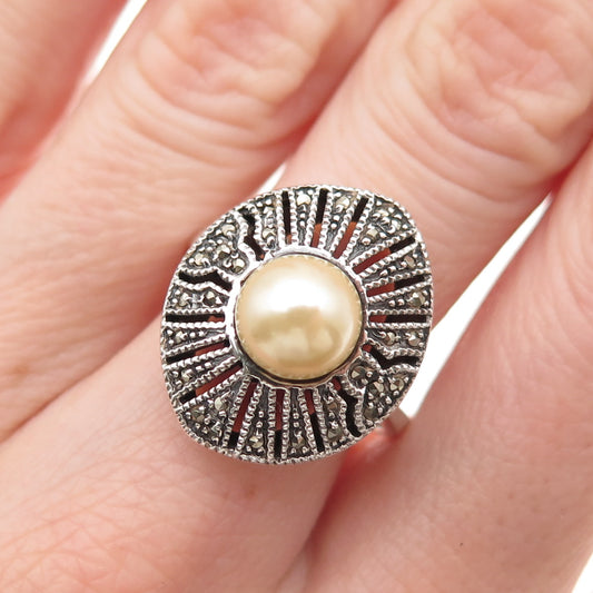 925 Sterling Silver Vintage Faux Pearl Real Marcasite Oxidized Ring Size 8