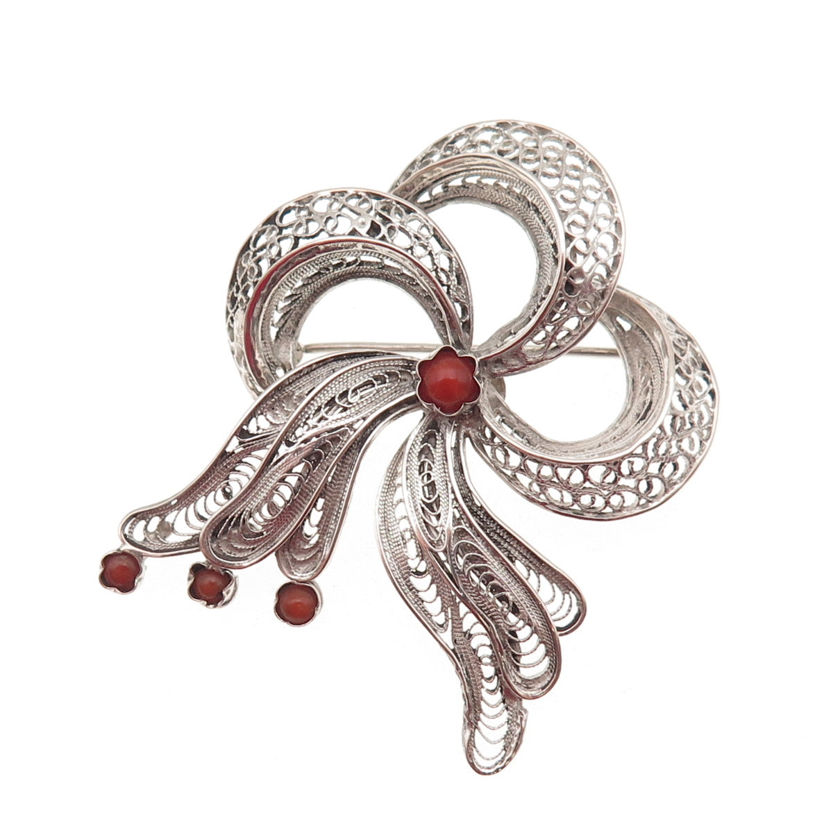 800 Silver Antique Art Deco Real Coral Floral Filigree Pin Brooch