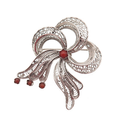 800 Silver Antique Art Deco Real Coral Floral Filigree Pin Brooch