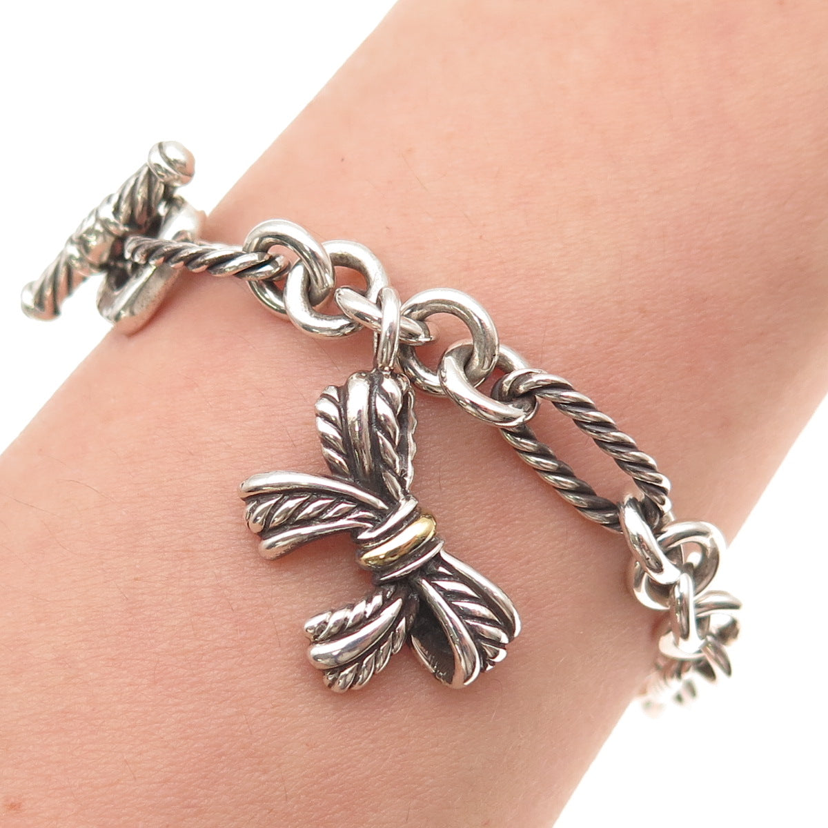 David Yurman 925 Sterling Silver 18K Gold Vintage Bow Charm Bracelet 6.75"