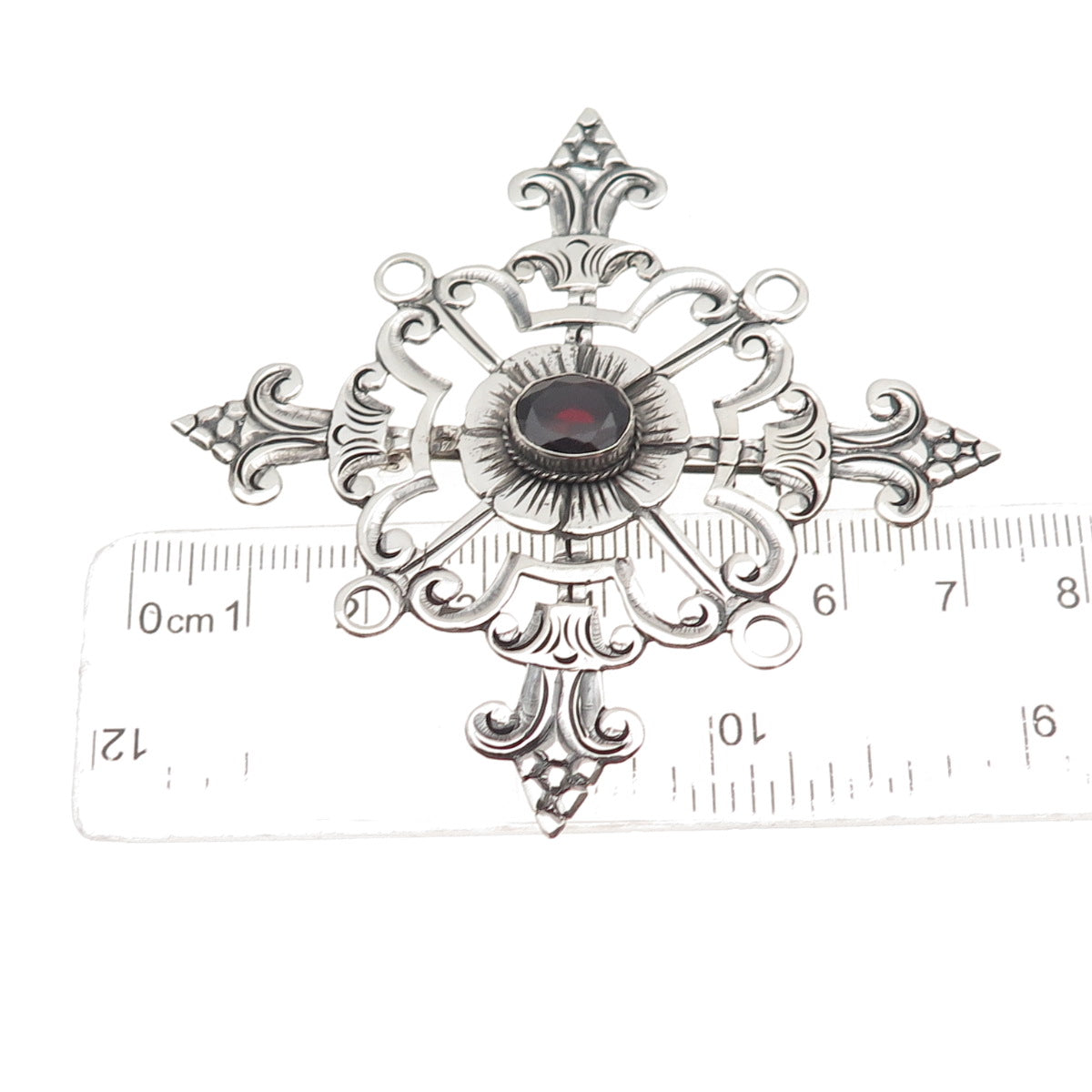 925 Sterling Silver Vintage Real Garnet Fleur de Lis Cross Oxidized Pin Brooch