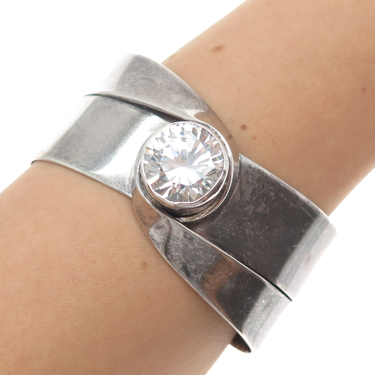 925 Sterling Vintage Mexico C Z Modernist Oxidized Adjustable Cuff Bracelet 7.5"