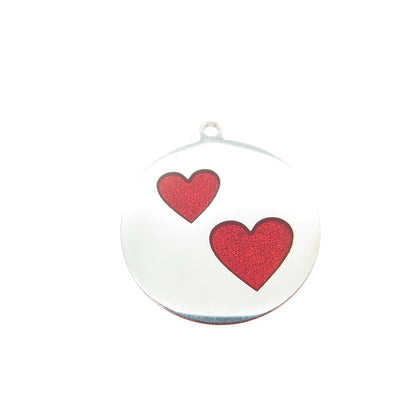 925 Sterling Silver Red Enamel Couple Heart Round Tag Minimalist Charm Pendant