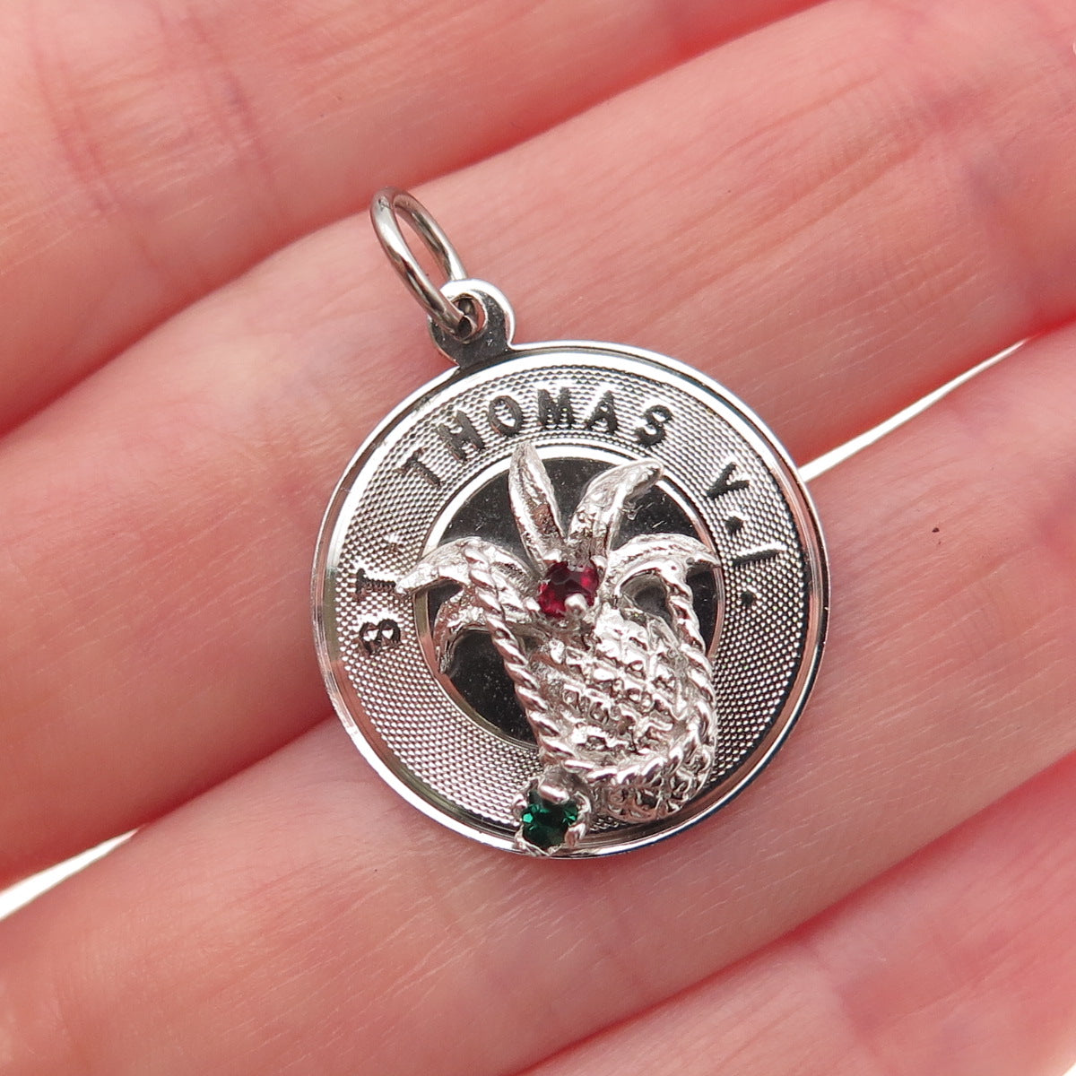 925 Sterling Silver Vintage Rhinestone St. Thomas VI Mini Charm Pendant