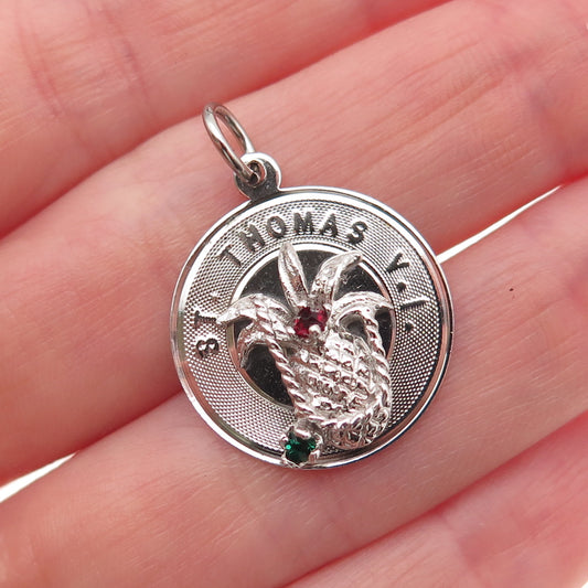 925 Sterling Silver Vintage Rhinestone St. Thomas VI Mini Charm Pendant
