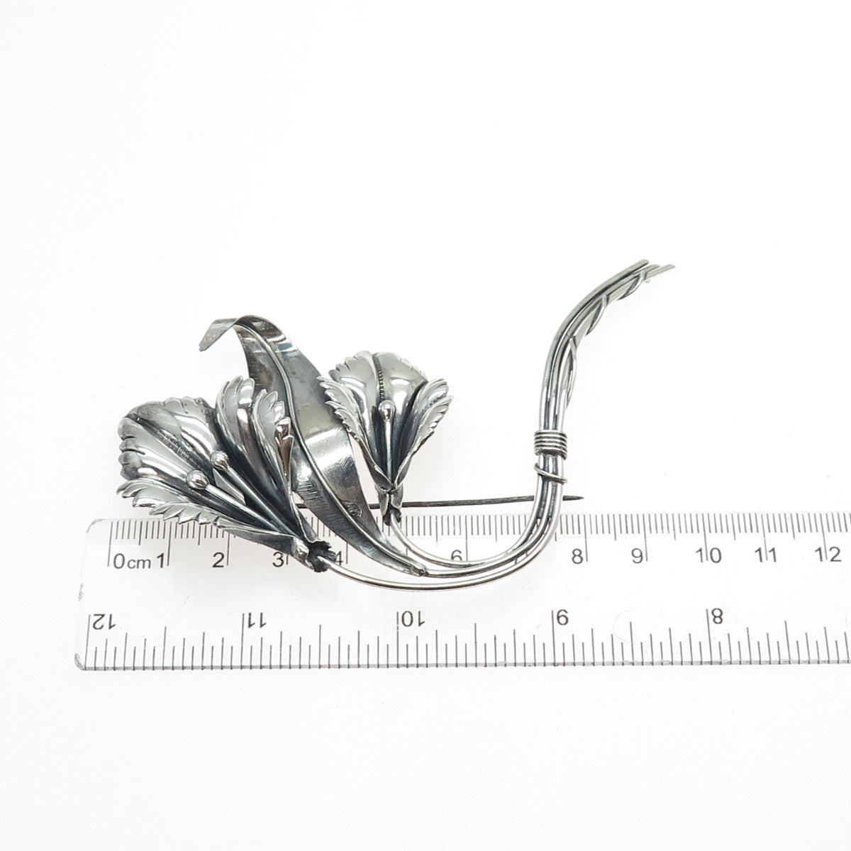 925 Sterling Silver Vintage Modernist Calla Lily Flower Oxidized Pin Brooch