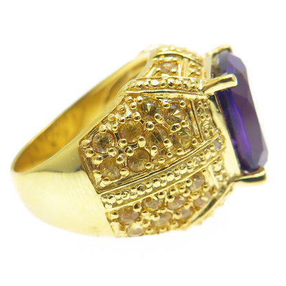 925 Sterling Silver Gold Plated Real Diamond Amethyst & Citrine Gem Ring Size 6