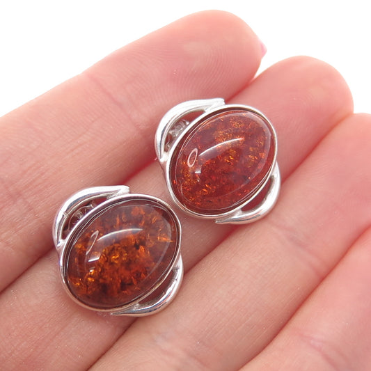 925 Sterling Silver Vintage Real Amber Modernist Earrings