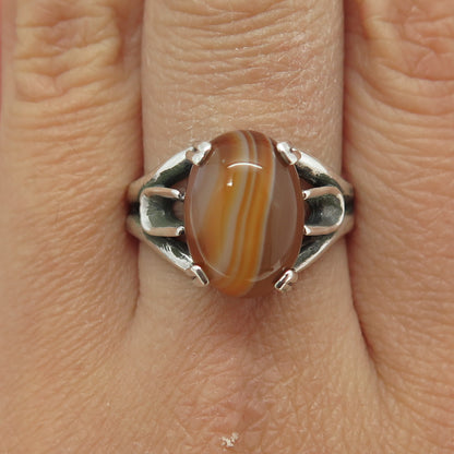 TOMMY LONG 925 Sterling Silver Vintage Real Agate Modernist Ring Size 9.75