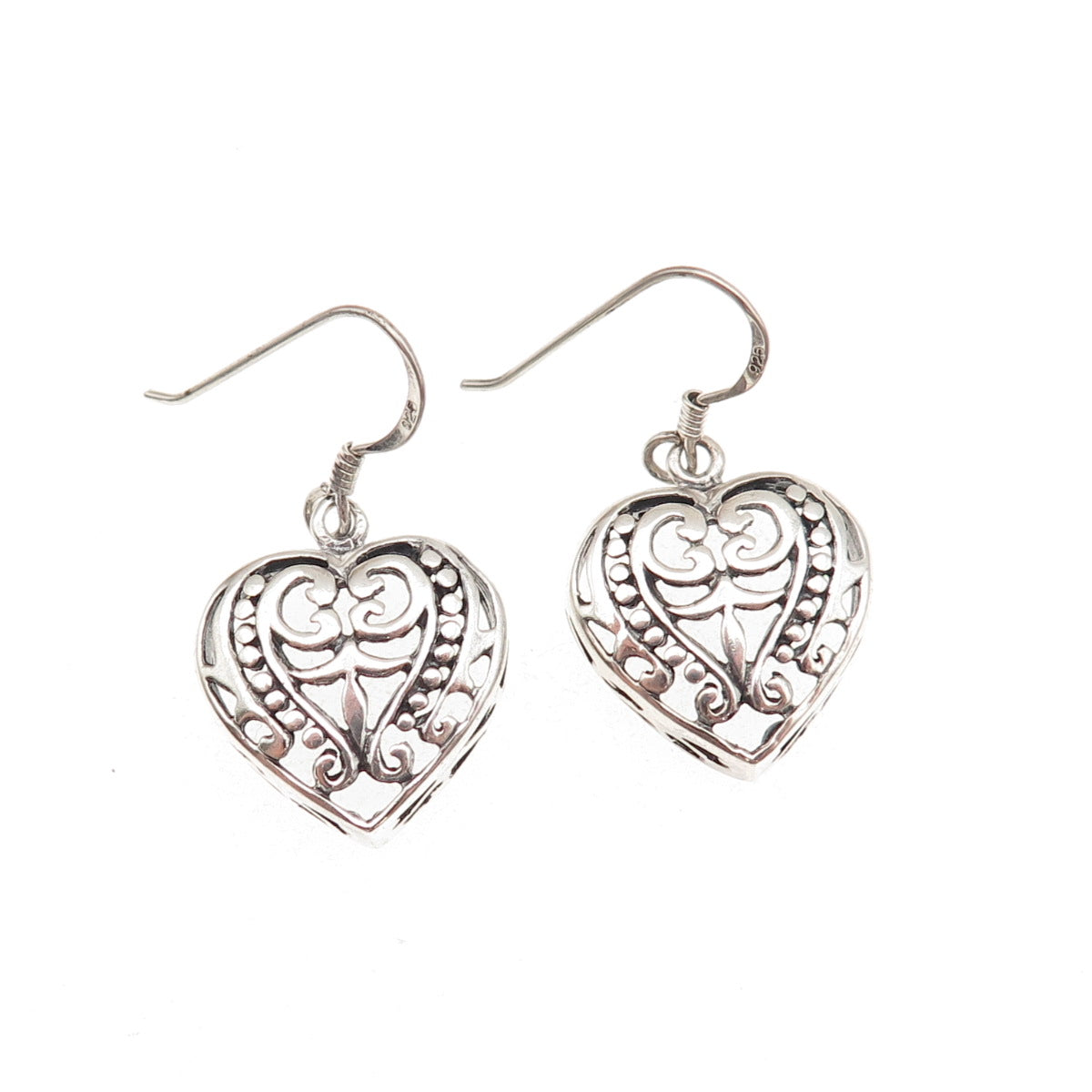 925 Sterling Silver Vintage Floral Heart Oxidized Dangle Earrings