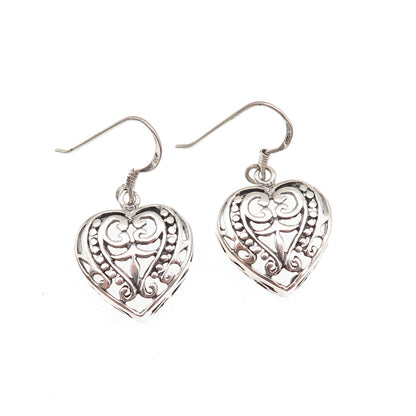 925 Sterling Silver Vintage Floral Heart Oxidized Dangle Earrings