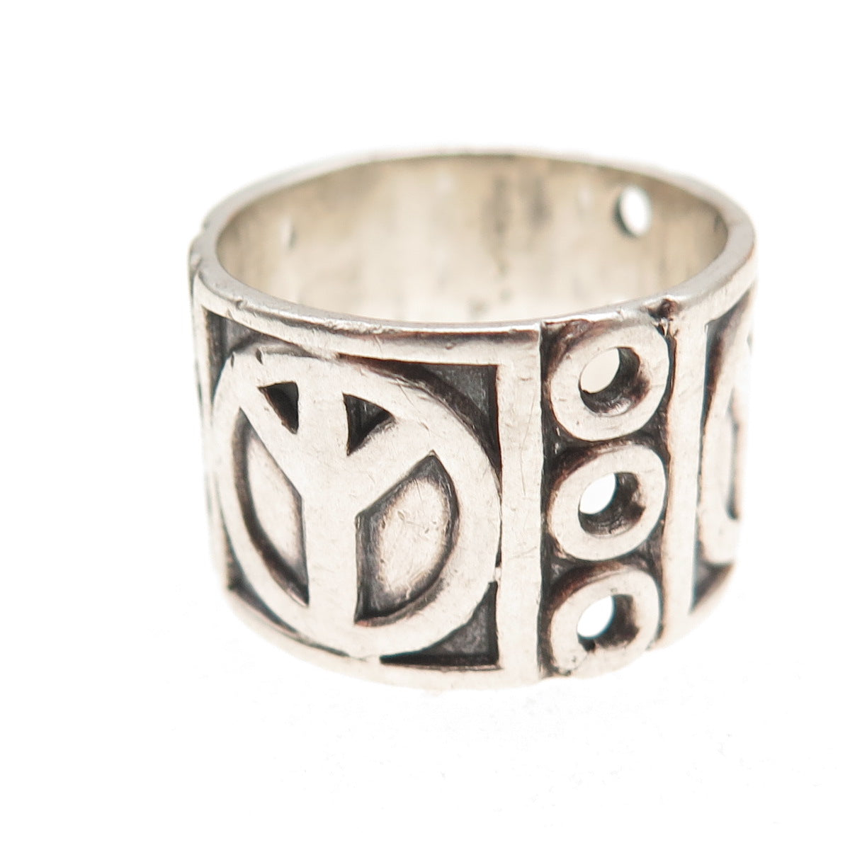 925 Sterling Silver Vintage Peace Symbol Oxidized Wide Band Ring Size 8.75