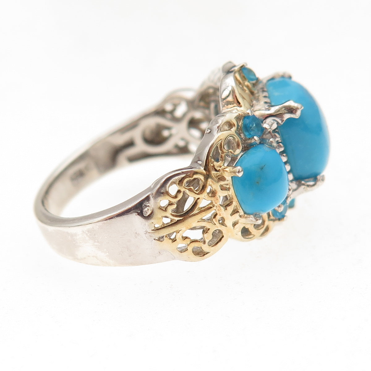 Chuck Clemency 925 Sterling Silver 2-Tone Real Turquoise Apatite Ring Size 8.25