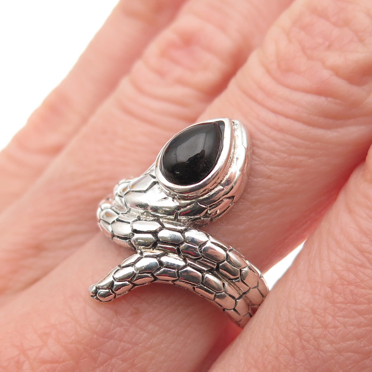925 Sterling Silver Vintage Real Black Onyx Snake Oxidized Ring Size 8