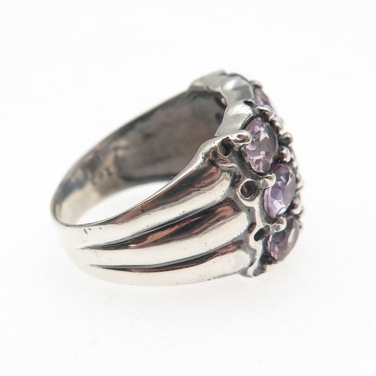 925 Sterling Silver Vintage Real Oval-Cut Amethyst Cluster Oxidized Ring Size 7