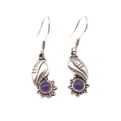 925 Sterling Silver Vintage Real Amethyst Modernist Floral Dangle Earrings