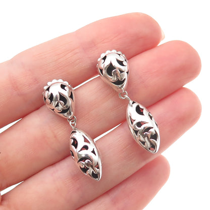 925 Sterling Silver Vintage Modernist Floral Scroll Oxidized Dangle Earrings