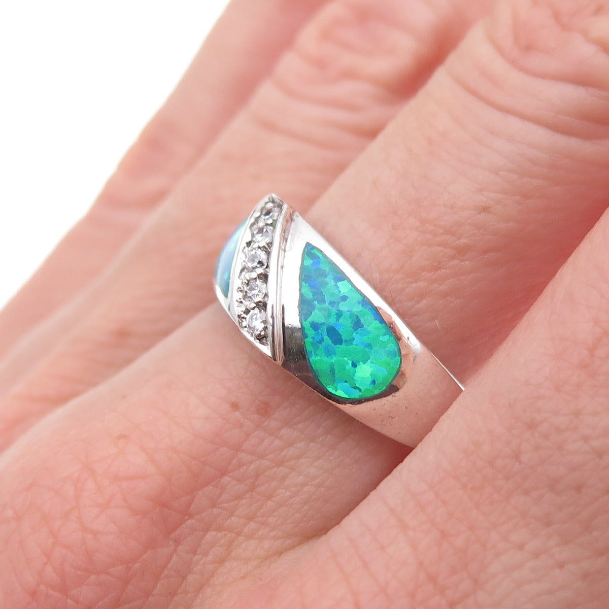 Opex 925 Sterling Silver Real Opal & Round-Cut C Z Ring Size 8