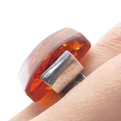 925 Sterling Silver Vintage Real Amber Modernist Oxidized Ring Size 8.25