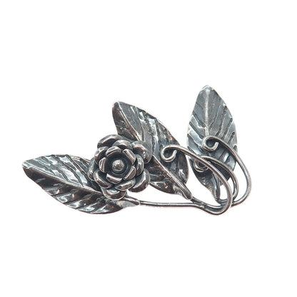 925 Sterling Silver Vintage Rose Flower Oxidized Pin Brooch